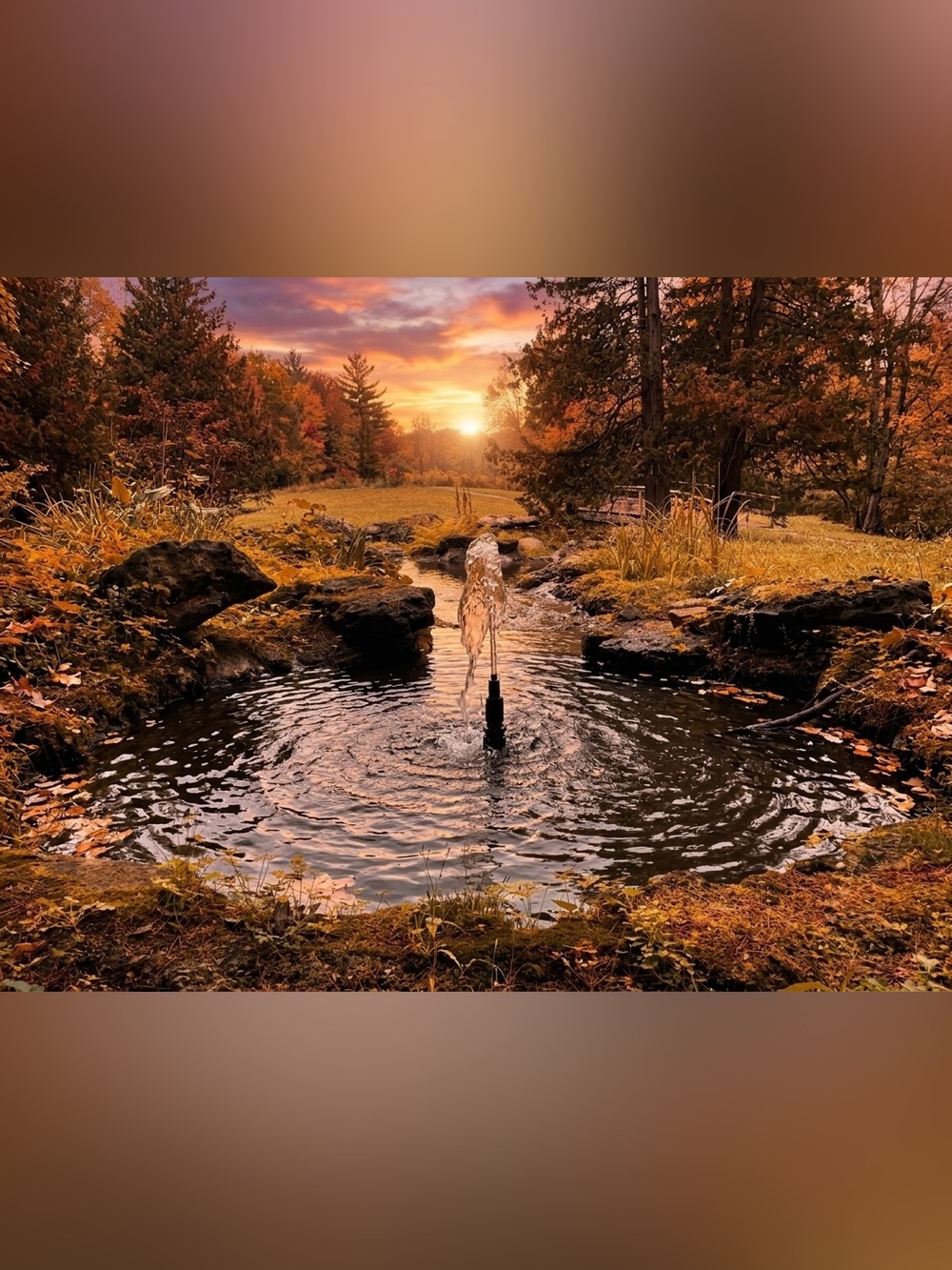 Autumn Pond Fountain Photography Print - Black and Orange Tones